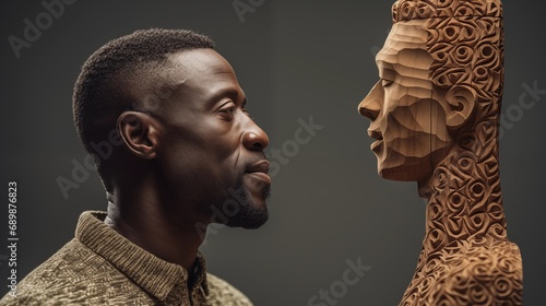 a african man looking at a carved wood sculpture face to face photo