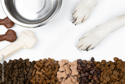 Obraz na plátně Top view of different types of dog food, dried treats next to metal bowl and white dog paws on a white background