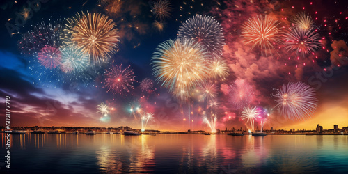 Colorful fireworks over night sky with reflection on water, New Year celebration concept