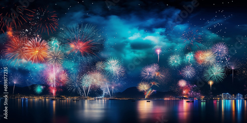 Colorful fireworks over night sky with reflection on water, New Year celebration concept