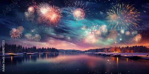 Colorful fireworks against the backdrop of a winter landscape with a lake. New Year celebration concept