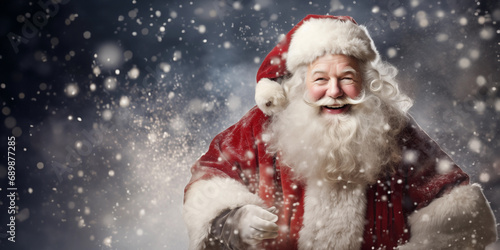 Smiling Santa Claus on a background of snow with copy space. Christmas and New Year concept