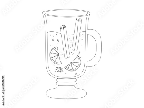 Hot mulled wine line art with cinnamon and orange. Warm drink black silhouette. Vector illustration glass of wine