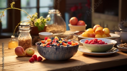healthy breakfast cereal  in the background is a family kitchen with wood surfaces  food photography  16 9