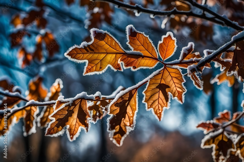 Frozen oak leaves, abstract natural background Frozen oak leaves, abstract natural background