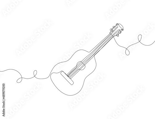 One single line drawing of wooden classic acoustic guitar. Modern stringed music instruments concept continuous line drawing design vector illustration graphic