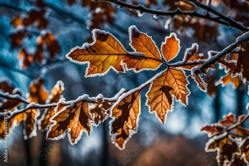 Frozen oak leaves, abstract natural background