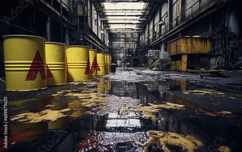 Toxic chemical spill in a factory, with hazardous materials