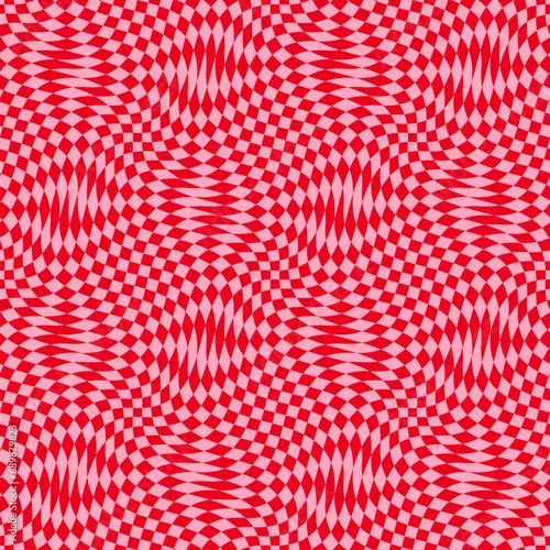 Vector seamless pattern with optical illusion effect. Simple abstract background with distorted checkered grid. Op art texture. Vibrant red and pink deformed surface. Retro groovy funky repeat design