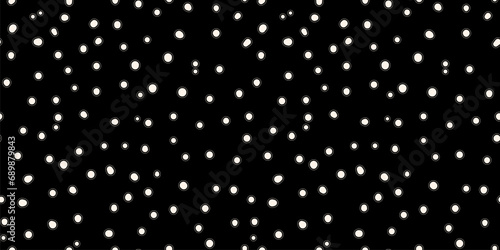Vector seamless pattern with small hand drawn white chaotic dots, spots on black background. Trendy minimal spotted texture. Abstract bacteria, microbe, germs illustration. Simple organic geo design