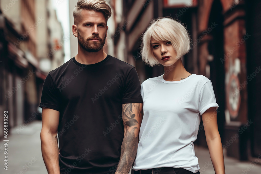 Man and woman wearing blank white and black t-shirt - obrazy, fototapety, plakaty 