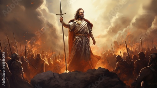 Biblical King David in the battlefield. Christian illustration. Old testament concept photo