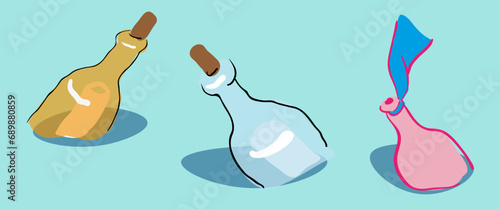 glass bottle collection with a letter in the sea in a vector with flat style. illustration of an object on the theme of tales of cartoon pirates adventures
