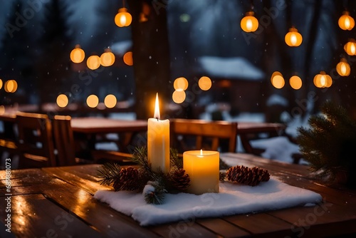 Light up candle at an outdoor table of a restaurant in winter