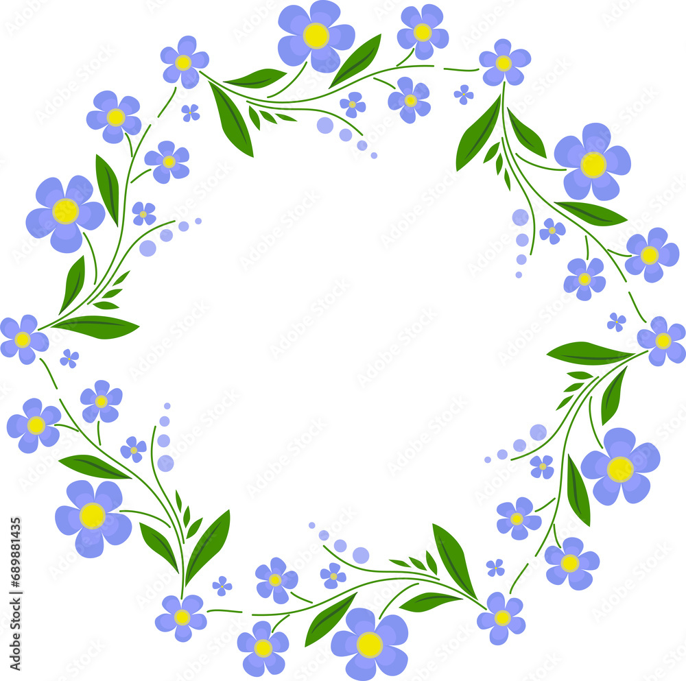 Frame with blue flowers.  Traditional floral decor. Design of flower garlands for printed decoration. For printing on tableware, clothes, etc. Place for your text.