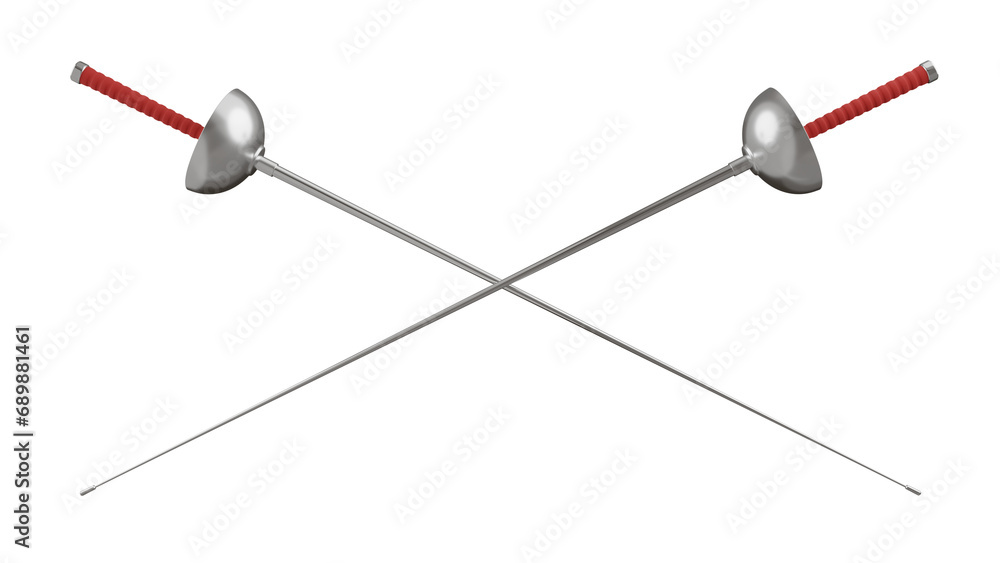Crossed fencing swords or epees with red handles isolated on