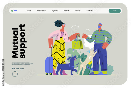Mutual Support: Pet-sitting -modern flat vector concept illustration of a woman going on vacation leaving her dogs with neighbor. A metaphor of voluntary, collaborative exchanges of resource, services