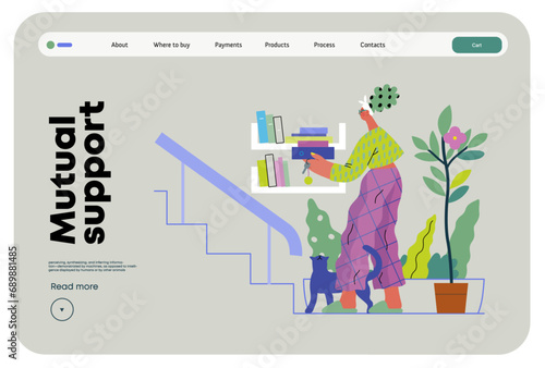 Mutual Support: Book Swap -modern flat vector concept illustration of a woman leaving books on a shelf in hallway for neighbors A metaphor of voluntary, collaborative exchanges of resource, services