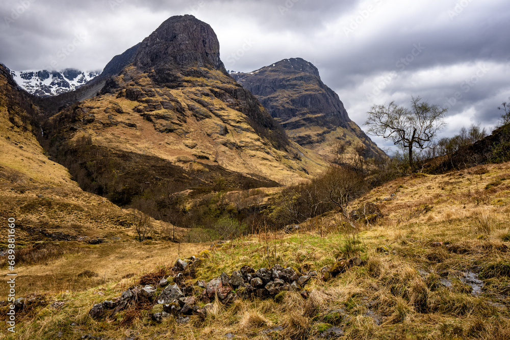 Beautiful vista with the Three Sisters Mountains in Glencoe, the Scottish Highlands, Scotland UK