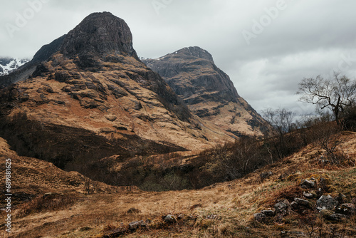 Beautiful vista with the Three Sisters Mountains in Glencoe, the Scottish Highlands, Scotland UK