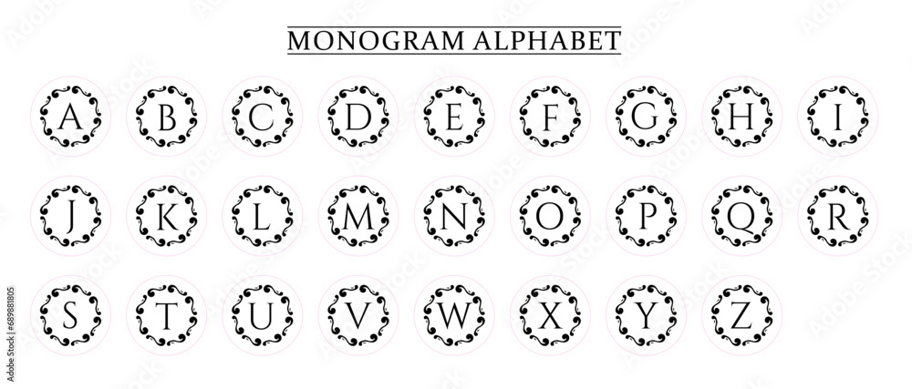 Monogram Alphabet and Floral Motifs, Monogram Letters with Line Floral Arrangements
