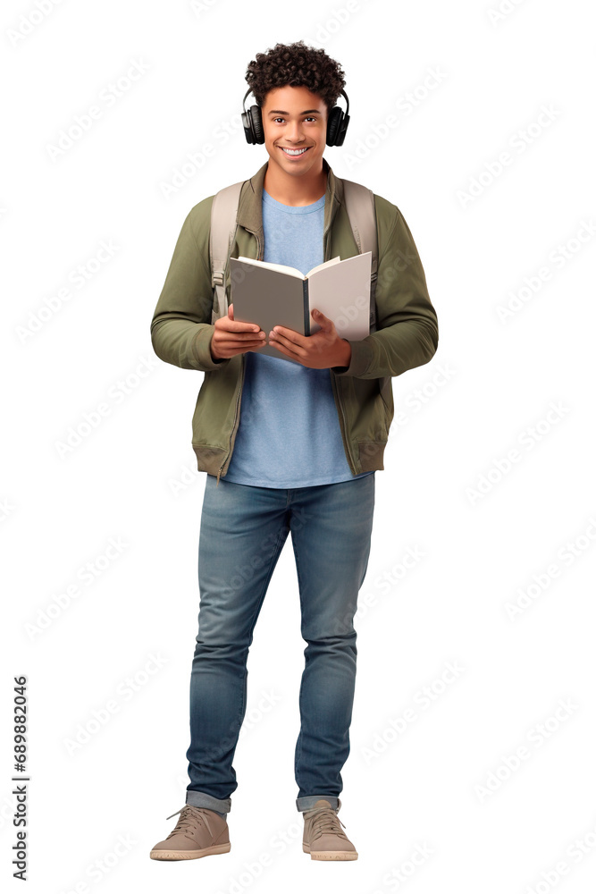 Male African American university student holding books and using headphones. Posing over isolated transparent background Male African American university student holding books and using headphones. Posing over isolated transparent background