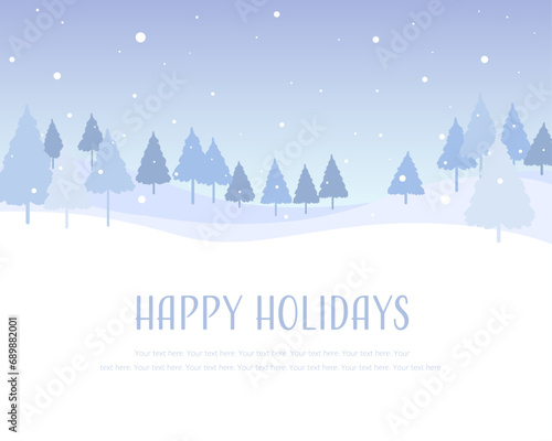 A holiday card design featuring pale blue snowfall in the forest.