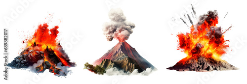 Volcanos spitting fume and lava on isolated transparent background