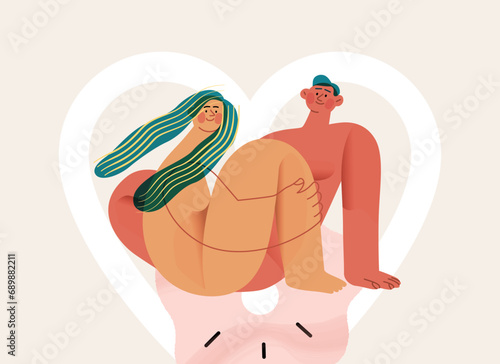Valentine: Embraced in Harmony - modern flat vector concept illustration of a naked couple intertwined in a serene, floral environment. Metaphor of unity, affection, love, connection, growth