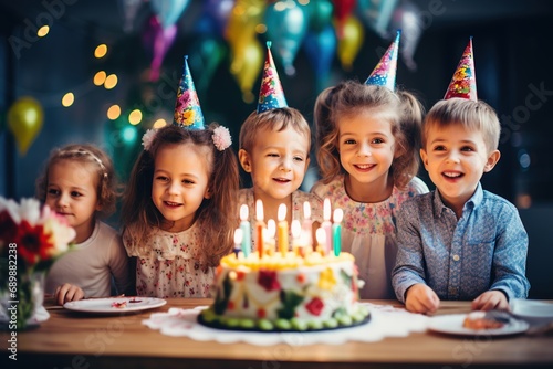 funny children celebrating birthday party and blowing candles on cake. Holidays concept. Group of adorable kids having fun at birthday party 