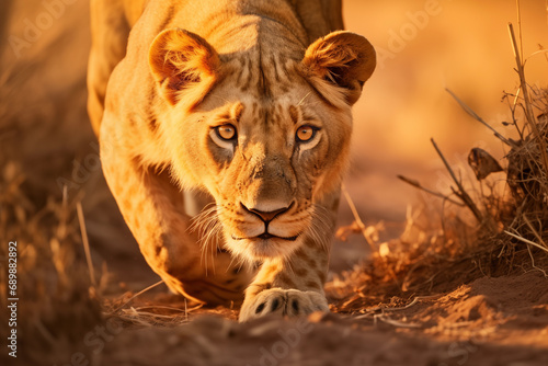 Lioness Fixates with an Intense Gaze During the Golden Hour © Tigarto