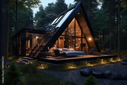 Modern luxury villa exterior in minimal style for luxury glamping. Glass cottage in the woods at night. Modern cabin house in deep forest