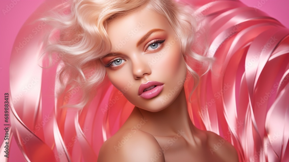 Pink Woman skin. Beauty fashion model girl with Gold Pink metallic make up, hair and jewellery on pink background. Metallic, glance Fashion art portrait, Hairstyle and make up 