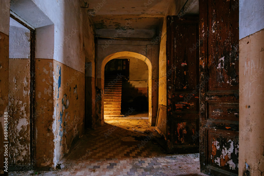 Dark vaulted corridor in old abandoned building Dark vaulted corridor in old abandoned building