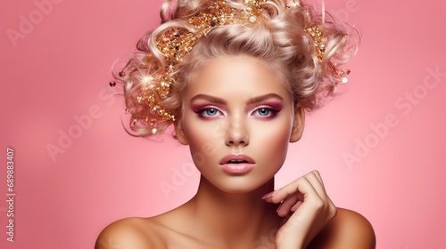 Pink Woman skin. Beauty fashion model girl with Gold Pink metallic make up, hair and jewellery on pink background. Metallic, glance Fashion art portrait, Hairstyle and make up  photo