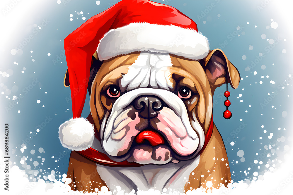 Cute christmas bulldog in Santa red hat