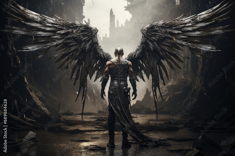 Warrior angel after the battle with massive wings. rear view - obrazy, fototapety, plakaty 