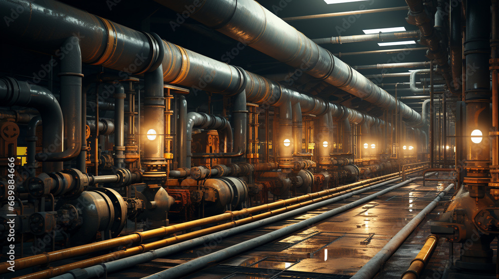 Metal pipes in a factory are a testament to human ingenuity and engineering. ai generated. - obrazy, fototapety, plakaty 