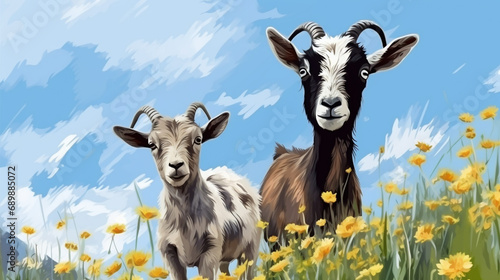Funny goats standing among blooming dandelions against a dark blue sky. Mom and baby. generative ai
