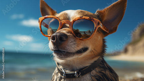 funny chihuahua dog posing on a beach in sunglasses. generative ai © Witri