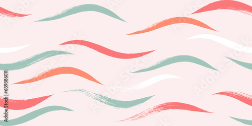 Seamless Wave Pattern, Hand drawn pink vector background. Wavy girly brush stroke, curly grunge paint lines, watercolor illustration photo