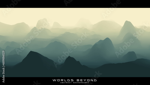 Abstract green landscape with misty fog till horizon over mountain slopes. Gradient eroded terrain surface. Worlds beyond.