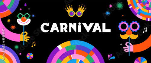 Happy Carnival, colorful geometric background with splashes, speech bubbles, masks and confetti 