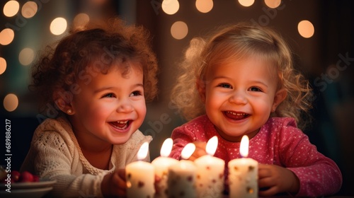  young sweet and cute Caucasian kids with birthday cake at home birthday party.