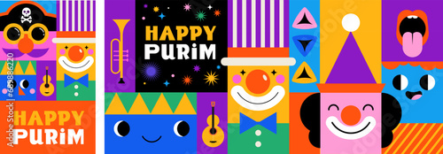 Purim Carnival, Happy Carnival, colorful geometric background with clown, splashes, speech bubbles, masks and confetti 