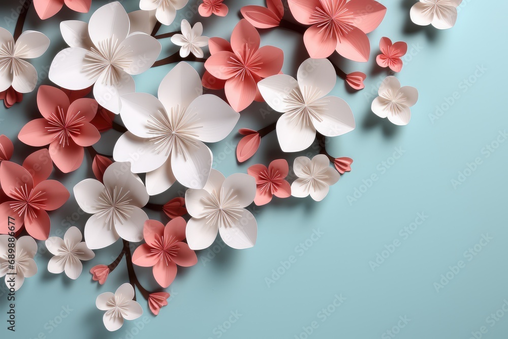 White and pink sakura flowers in cut paper, origami style. Floral background, banner, quilling