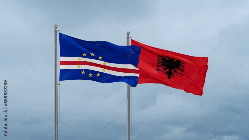 Cape Verde flag and Albania flag waving together on cloudy sky, endless seamless loop Cape Verde flag and Albania flag waving together on cloudy sky, endless seamless loop