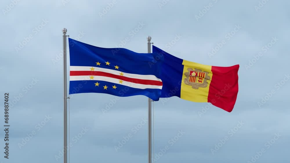 Cape Verde flag and Andorra flag waving together on cloudy sky, endless seamless loop Cape Verde flag and Andorra flag waving together on cloudy sky, endless seamless loop