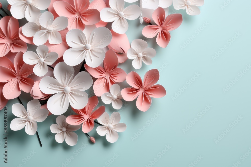 White and pink sakura flowers in cut paper, origami style. Floral background, banner, quilling White and pink sakura flowers in cut paper, origami style. Floral background, banner, quilling