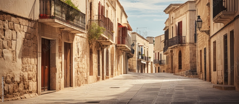Deserted streets in Mallorca with aged structures.